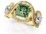 Yellow gold Three-Stone Fancy Green Princess Cut Diamond Wave Pave Band with Prong Setting_7