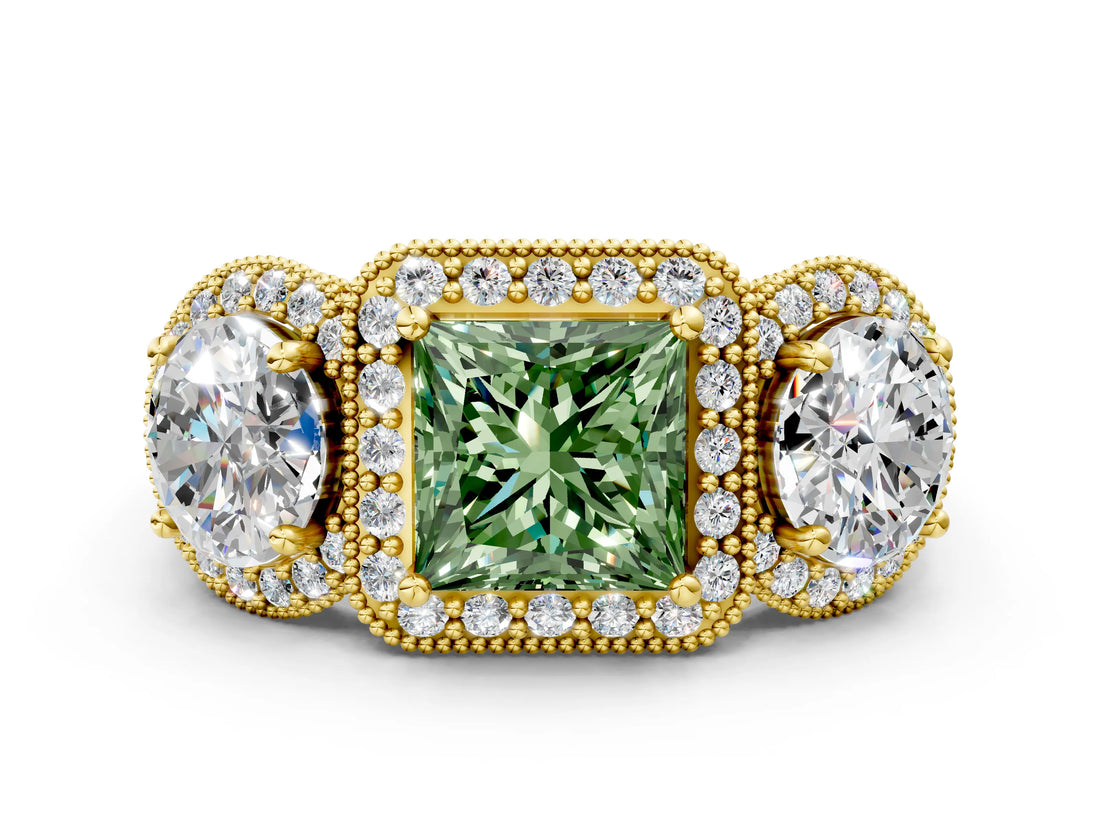 Yellow gold Three-Stone Fancy Green Princess Cut Halo Diamond Milgrain Band with Four-Prong Setting