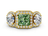 Yellow gold Three-Stone Fancy Green Princess Cut Halo Diamond Milgrain Band with Four-Prong Setting