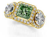 Yellow gold Three-Stone Fancy Green Princess Cut Halo Diamond Milgrain Band with Four-Prong Setting_1