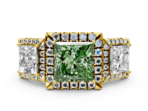 Yellow gold Three-Stone Fancy Green Princess Cut Halo Diamond Ring with Pave Band and Four-Prong Setting