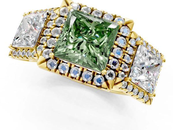 Yellow gold Three-Stone Fancy Green Princess Cut Halo Diamond Ring with Pave Band and Four-Prong Setting