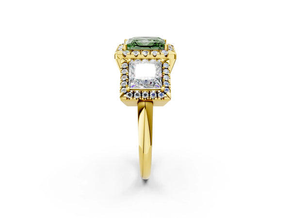 Yellow gold Three-Stone Fancy Green Princess Cut Halo Diamond Ring with Pave Band and Four-Prong Setting