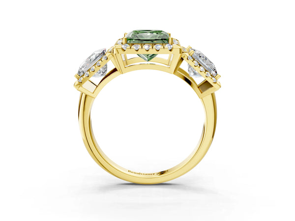 Yellow gold Three-Stone Fancy Green Princess Cut Halo Diamond Ring with Pave Band and Four-Prong Setting