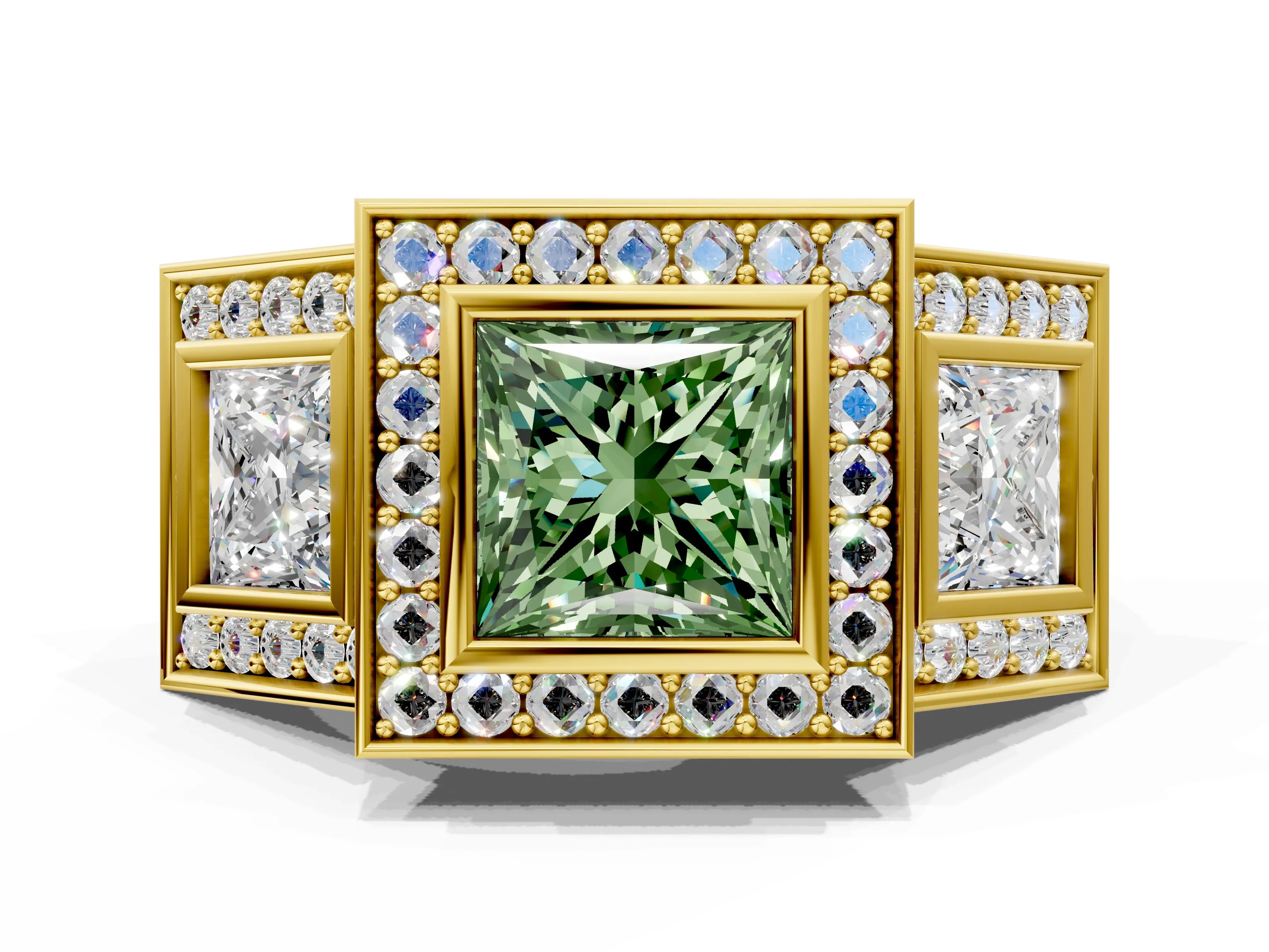 Yellow gold Three-Stone Fancy Green Princess Cut Halo Pavé Diamond Ring