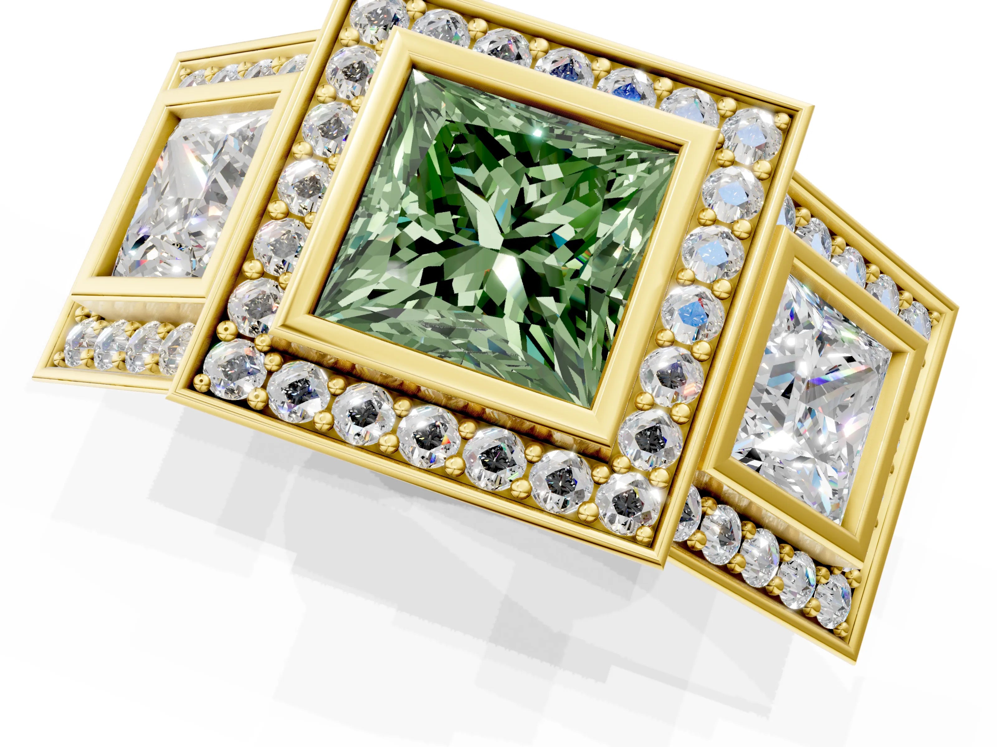 Yellow gold Three-Stone Fancy Green Princess Cut Halo Pavé Diamond Ring_1