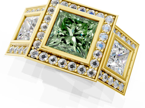 Yellow gold Three-Stone Fancy Green Princess Cut Halo Pavé Diamond Ring_1