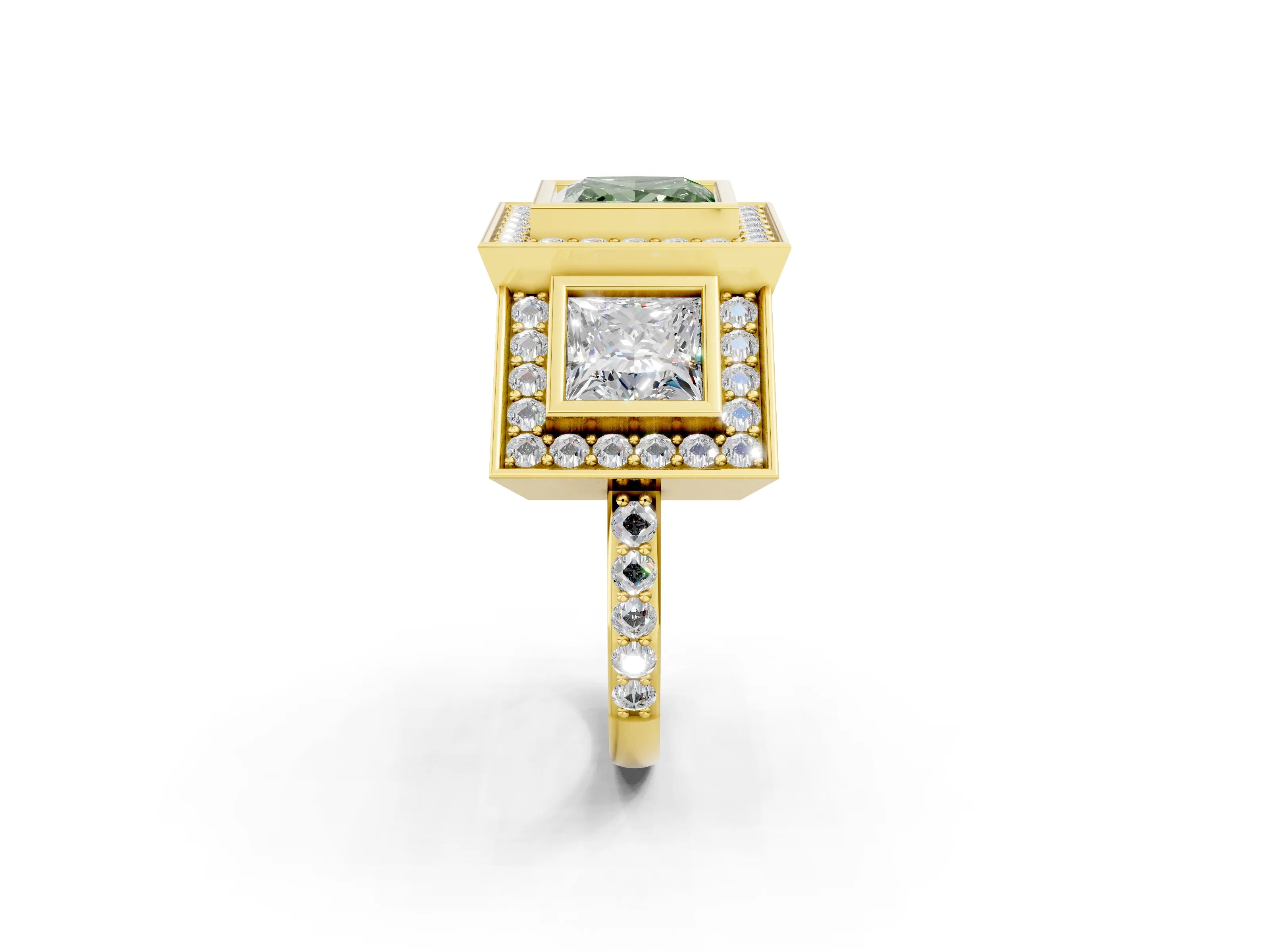 Yellow gold Three-Stone Fancy Green Princess Cut Halo Pavé Diamond Ring_2