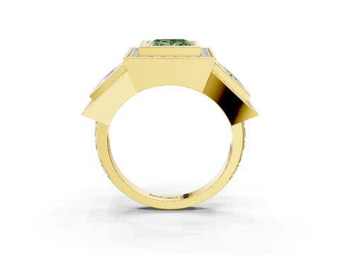 Yellow gold Three-Stone Fancy Green Princess Cut Halo Pavé Diamond Ring_3