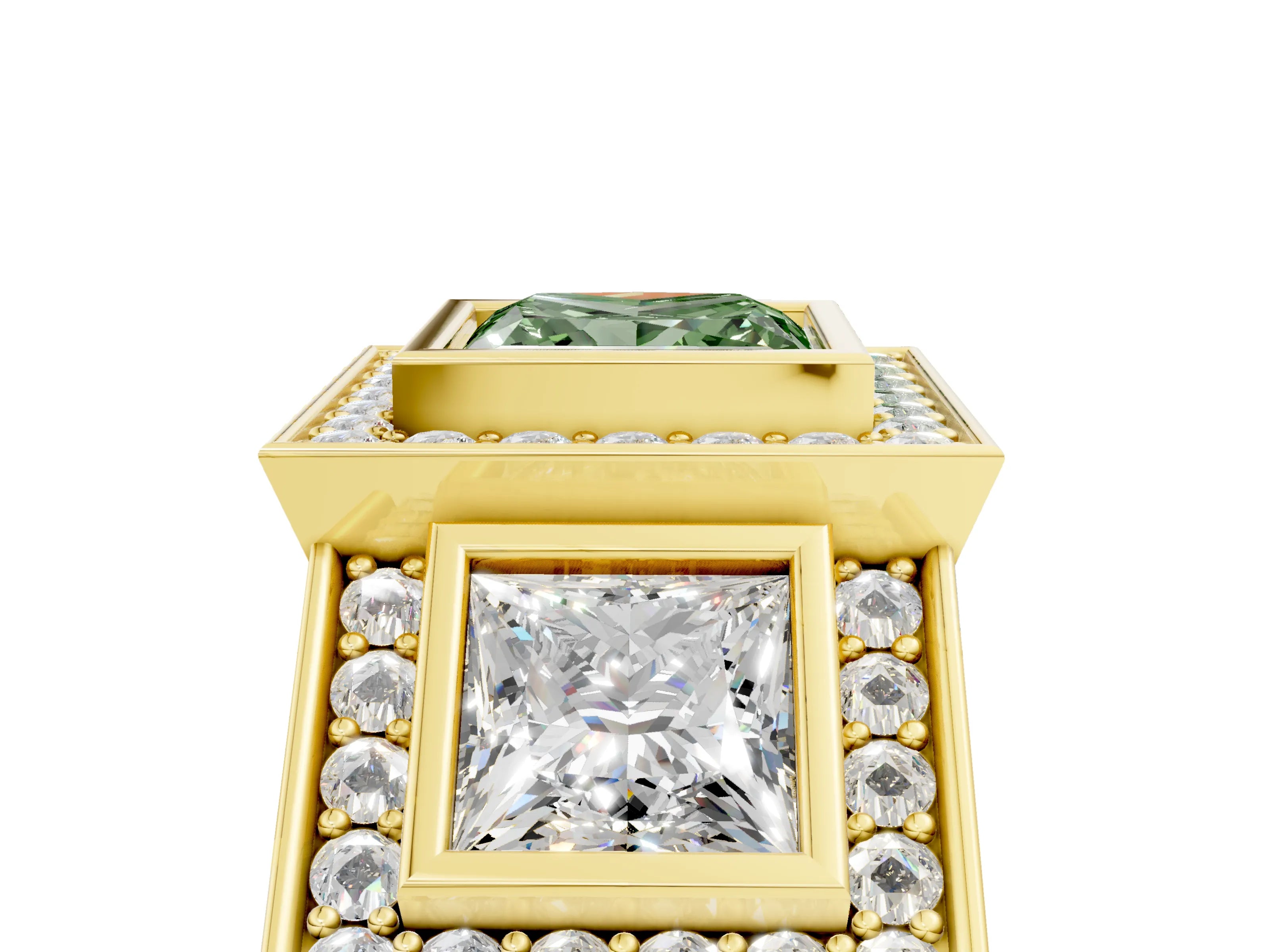 Yellow gold Three-Stone Fancy Green Princess Cut Halo Pavé Diamond Ring_5