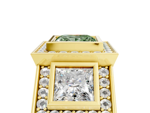 Yellow gold Three-Stone Fancy Green Princess Cut Halo Pavé Diamond Ring_5