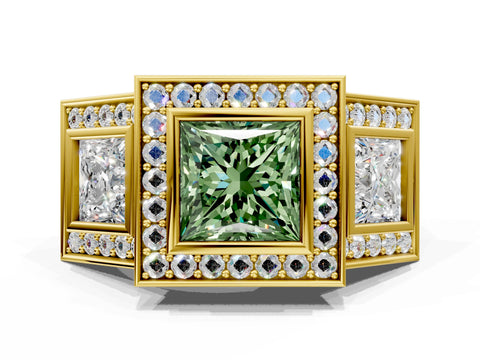 Yellow gold Three-Stone Fancy Green Princess Cut Halo Pavé Diamond Ring