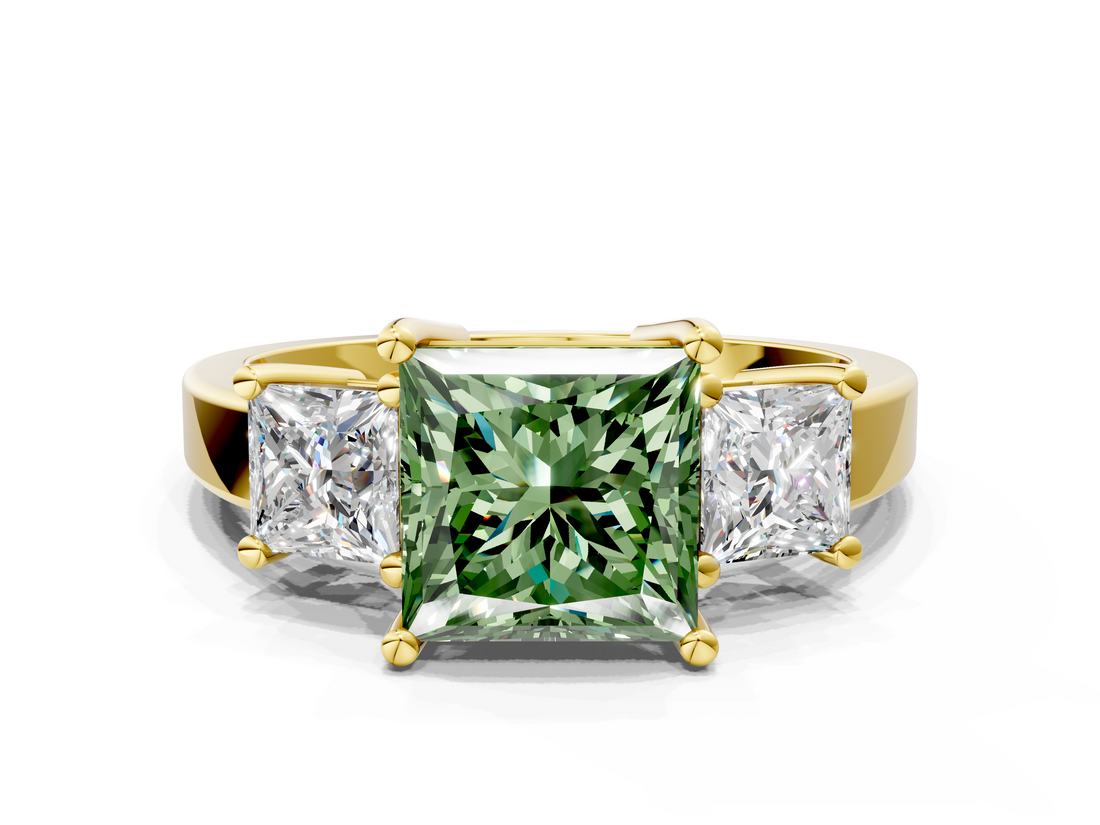 Yellow gold Three-Stone Fancy Green Princess  Cut Solitaire Ring with Prong Setting_3