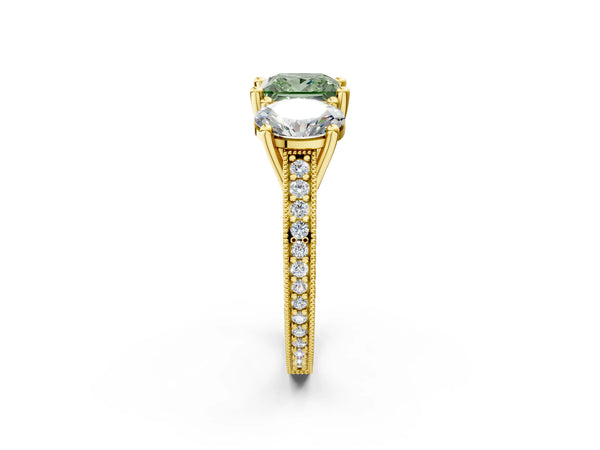 Yellow Gold Princess Cut Three-Stone Engagement Ring Setting for Fancy Green Center with Pave Band