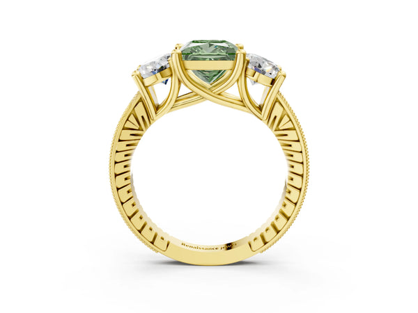 Yellow Gold Princess Cut Three-Stone Engagement Ring Setting for Fancy Green Center with Pave Band