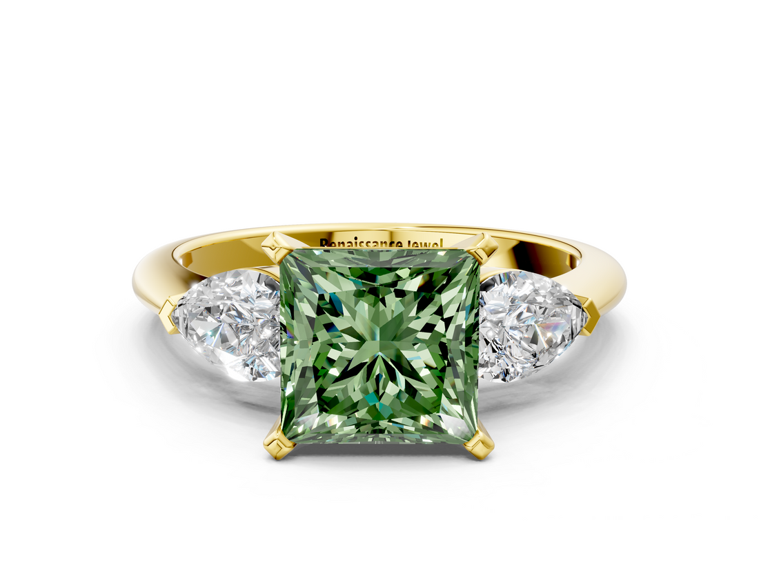 Yellow gold Three-Stone Fancy Green Princess  Diamond Ring with Pear Side Stones in Four-Prong Setting