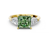 Yellow gold Three-Stone Fancy Green Princess  Diamond Ring with Pear Side Stones in Four-Prong Setting