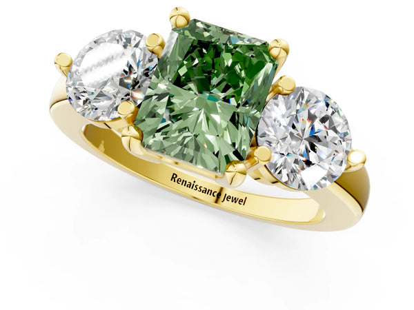 Yellow gold Three-Stone Fancy Green Radiant  Brilliant Cut Solitaire Ring with Prong Setting on a Classic Band