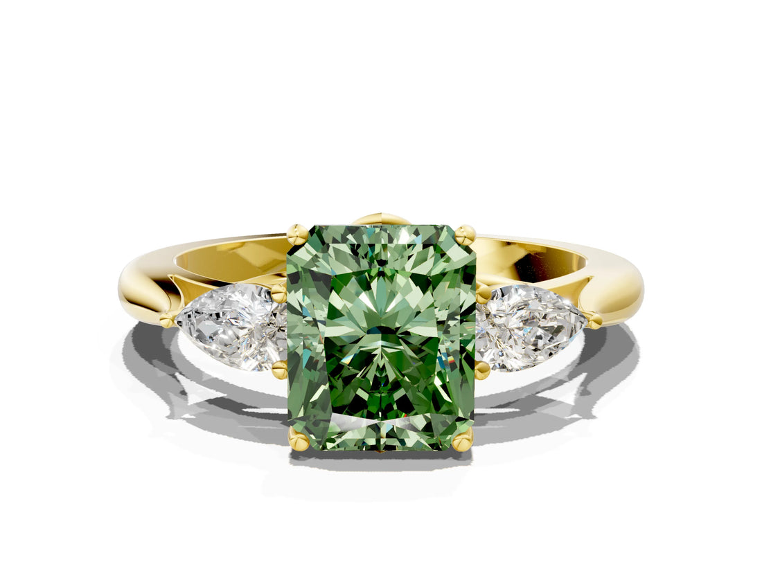 Yellow gold Three-Stone Fancy Green Radiant Cut Brilliant Diamond Solitaire Ring with Tapered Band and Four-Prong Setting_12