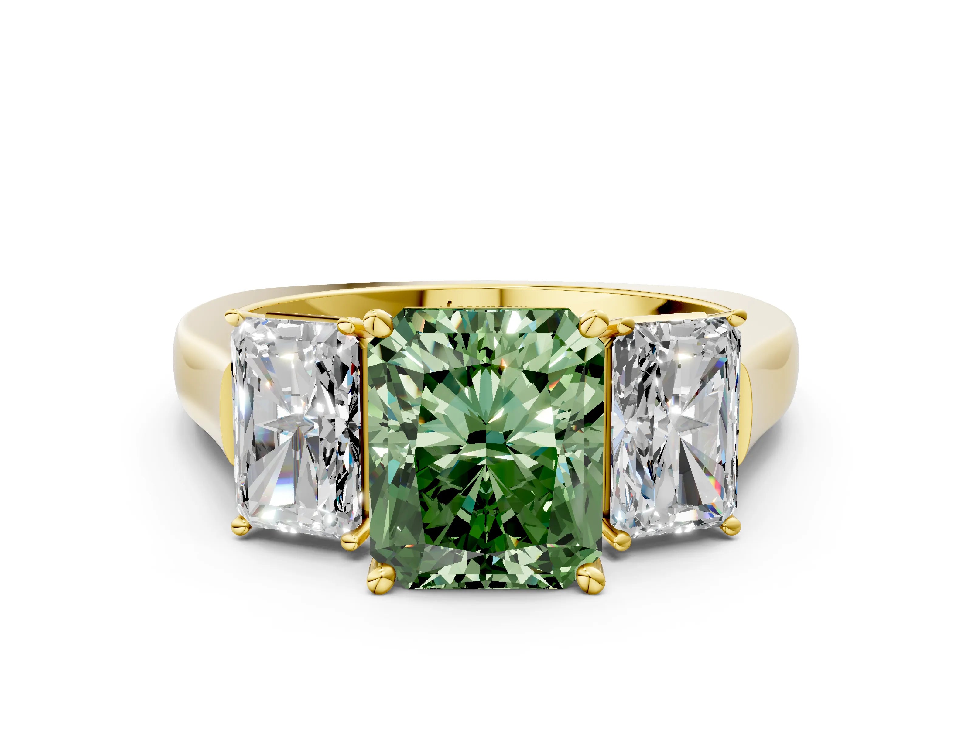 Yellow gold Three-Stone Fancy Green Radiant Cut Brilliant Diamond Trellis Ring with Comfort Fit Band