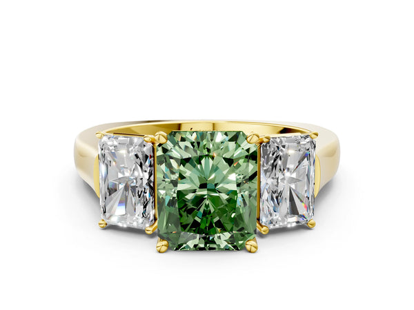Yellow gold Three-Stone Fancy Green Radiant Cut Brilliant Diamond Trellis Ring with Comfort Fit Band