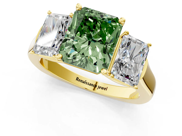 Yellow gold Three-Stone Fancy Green Radiant Cut Brilliant Diamond Trellis Ring with Comfort Fit Band