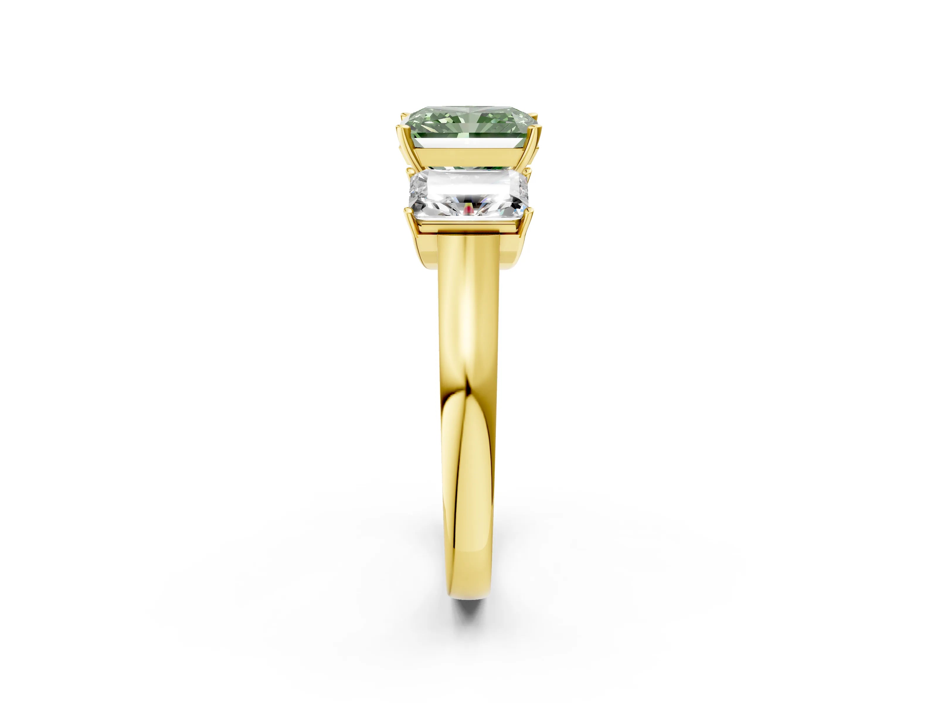 Yellow gold Three-Stone Fancy Green Radiant Cut Brilliant Diamond Trellis Ring with Comfort Fit Band_2
