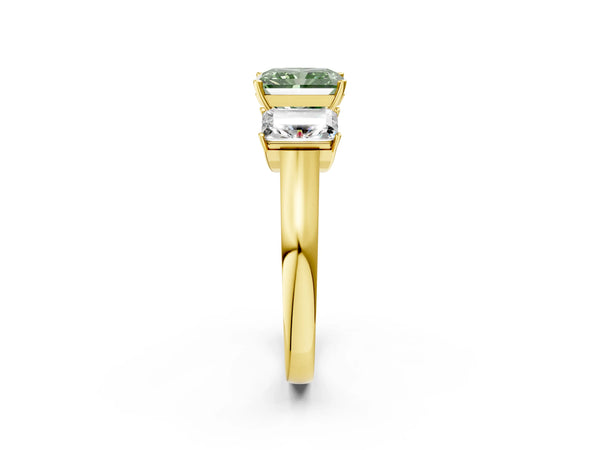 Yellow gold Three-Stone Fancy Green Radiant Cut Brilliant Diamond Trellis Ring with Comfort Fit Band