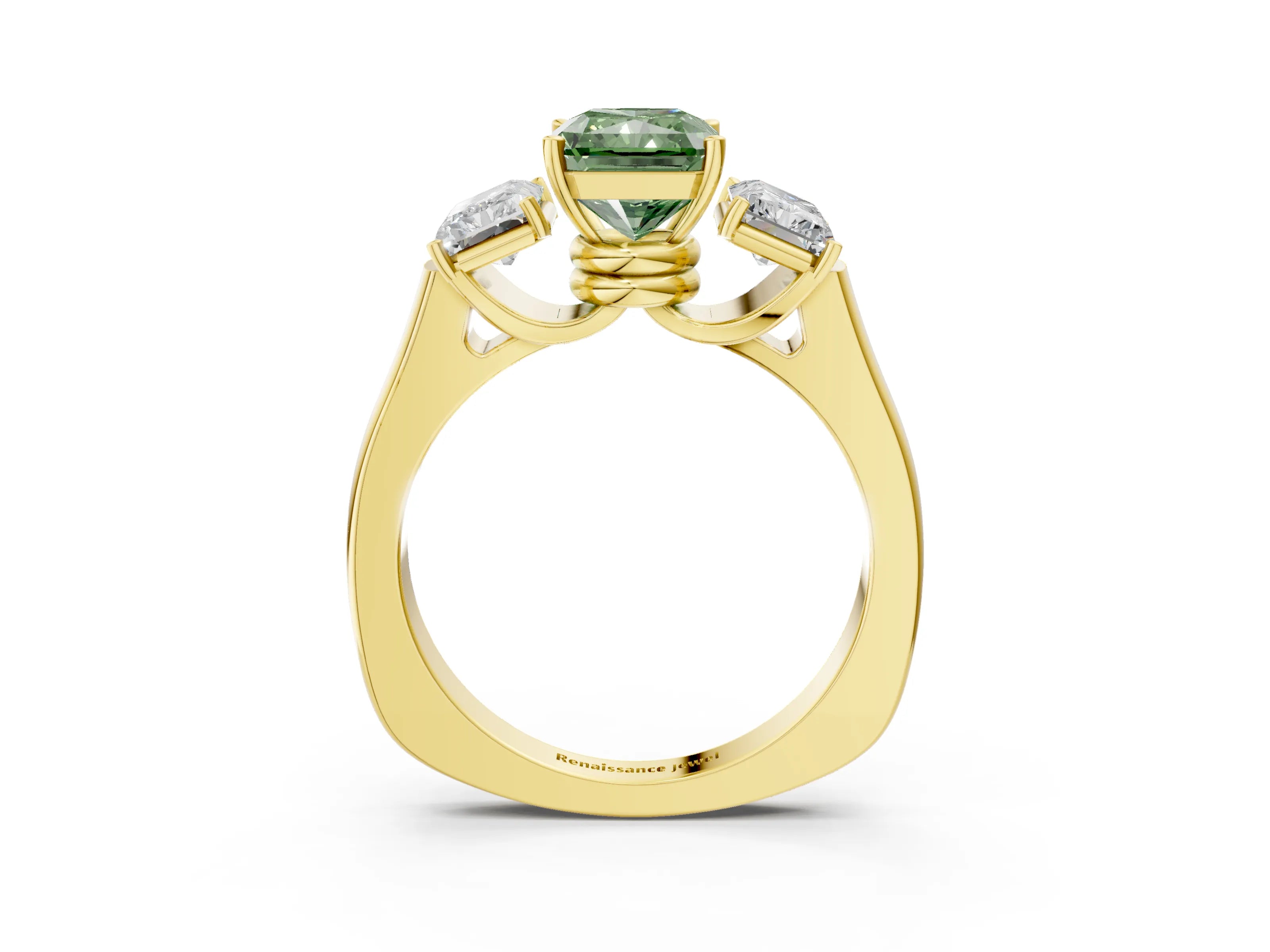 Yellow gold Three-Stone Fancy Green Radiant Cut Brilliant Diamond Trellis Ring with Comfort Fit Band_3