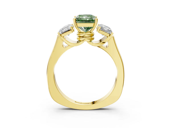 Yellow gold Three-Stone Fancy Green Radiant Cut Brilliant Diamond Trellis Ring with Comfort Fit Band