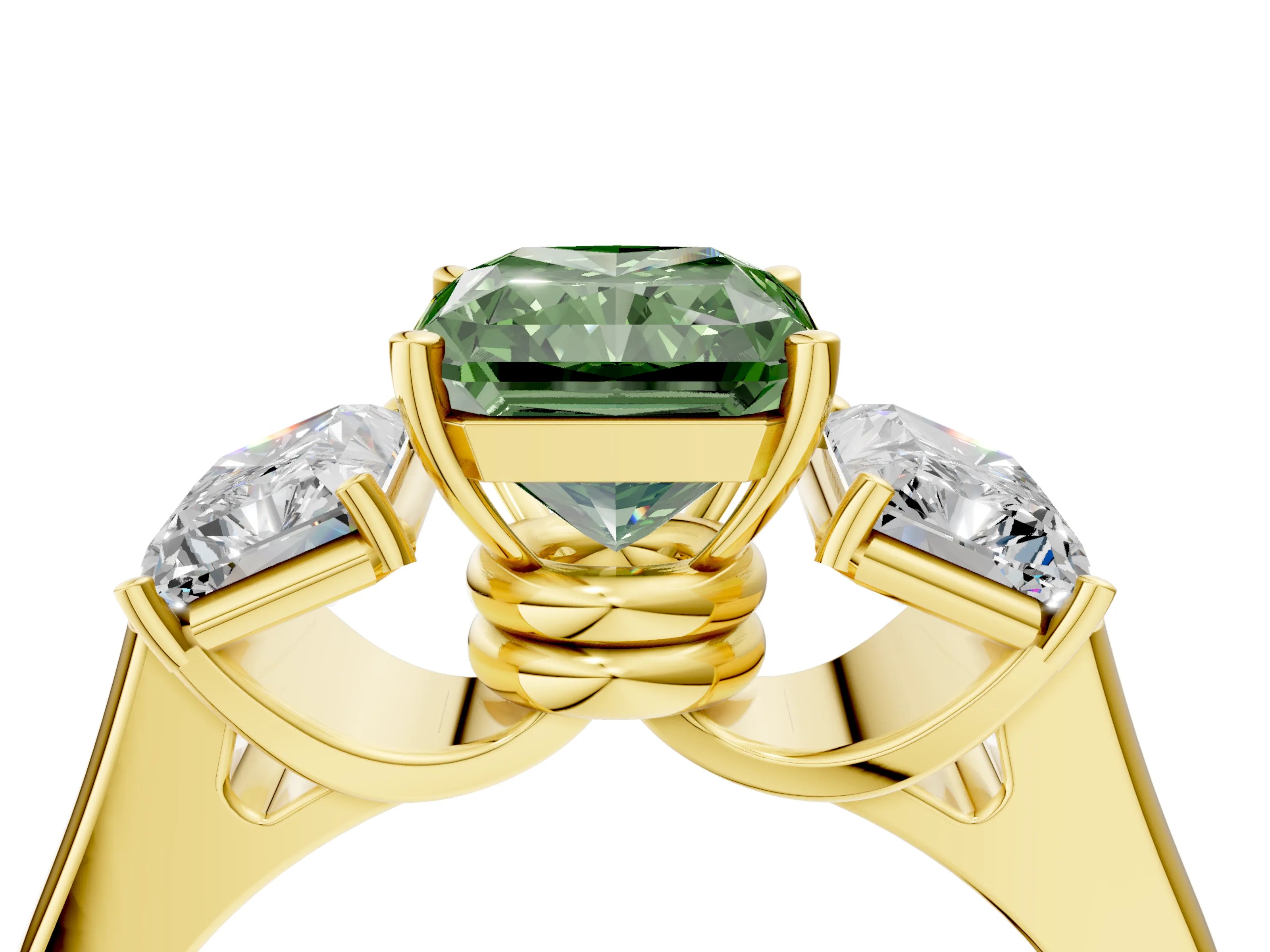 Yellow gold Three-Stone Fancy Green Radiant Cut Brilliant Diamond Trellis Ring with Comfort Fit Band_4