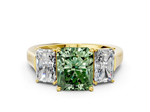 Yellow gold Three-Stone Fancy Green Radiant Cut Brilliant Diamond Trellis Ring with Comfort Fit Band