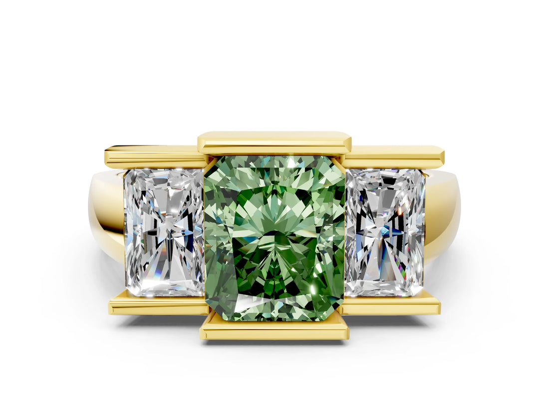 Yellow gold Three Stone Fancy Green Radiant Cut Cut Channel Set Diamond Ring