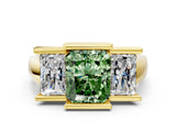 Yellow gold Three Stone Fancy Green Radiant Cut Cut Channel Set Diamond Ring