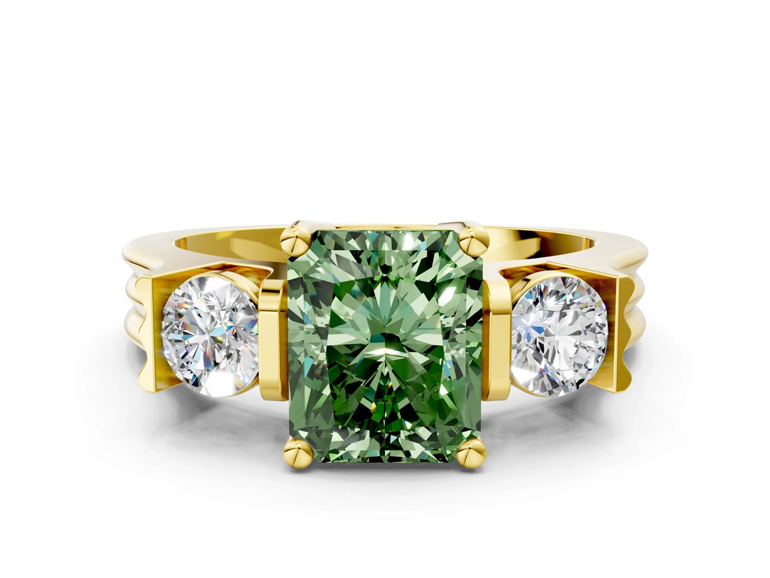 Yellow gold Three-Stone Fancy Green Radiant Cut Cut Classic Band Prong Setting Ring
