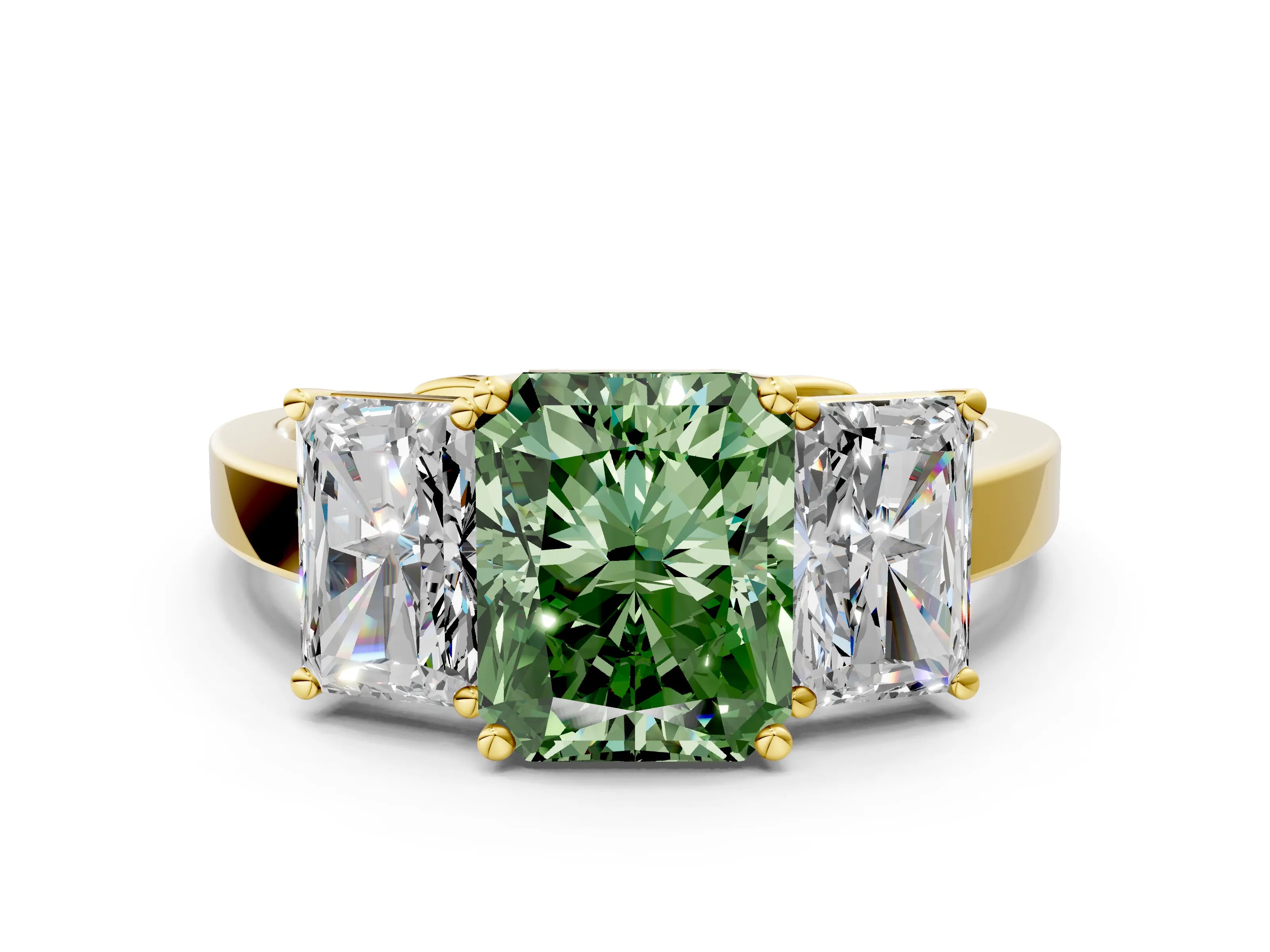 Yellow gold Three-Stone Fancy Green Radiant Cut Cut Diamond Engagement Ring with Flat Band and Four-Prong Setting