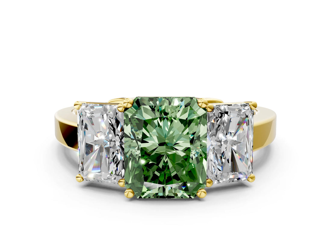 Yellow gold Three-Stone Fancy Green Radiant Cut Cut Diamond Engagement Ring with Flat Band and Four-Prong Setting