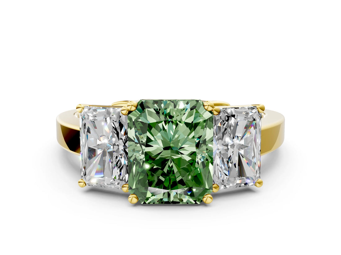 Yellow gold Three-Stone Fancy Green Radiant Cut Cut Diamond Engagement Ring with Flat Band and Four-Prong Setting_12