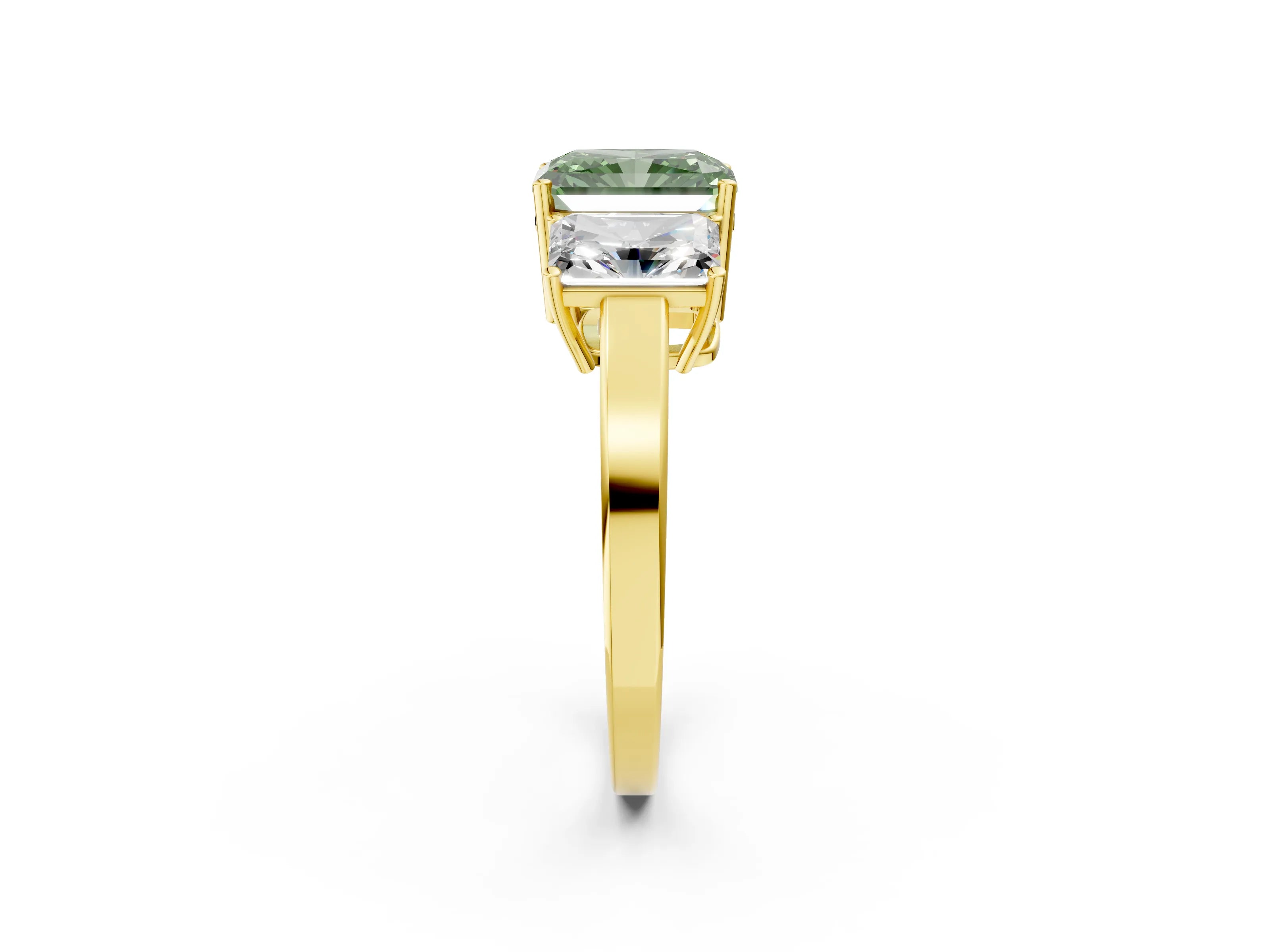 Yellow gold Three-Stone Fancy Green Radiant Cut Cut Diamond Engagement Ring with Flat Band and Four-Prong Setting_14