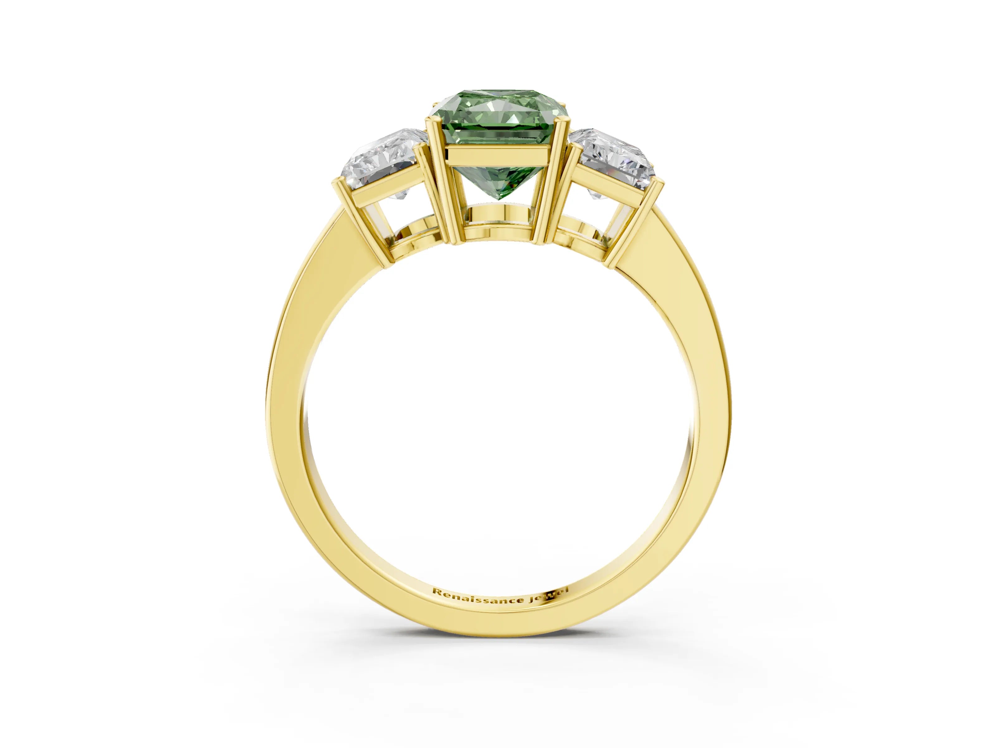 Yellow gold Three-Stone Fancy Green Radiant Cut Cut Diamond Engagement Ring with Flat Band and Four-Prong Setting_15