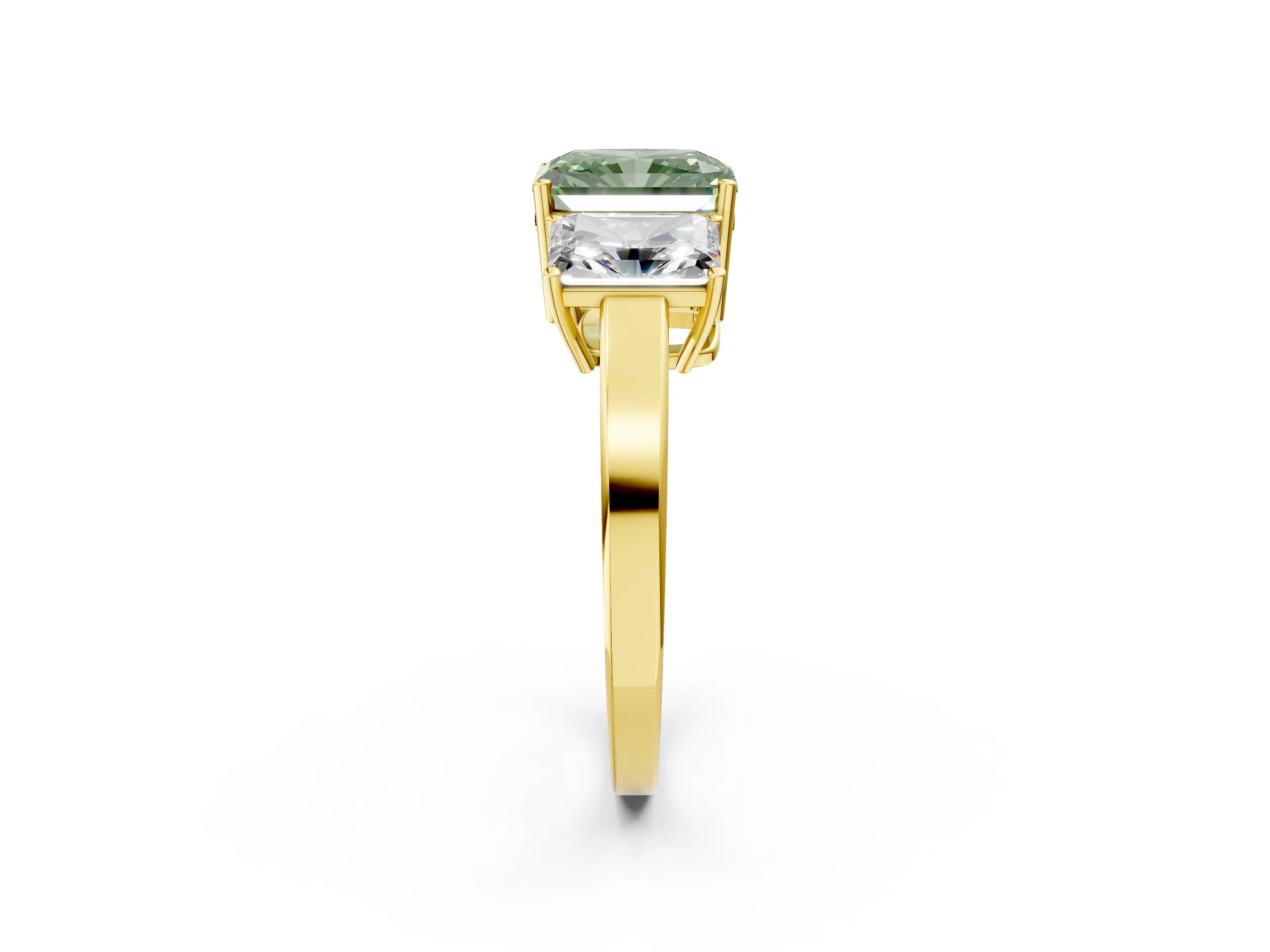 Yellow gold Three-Stone Fancy Green Radiant Cut Cut Diamond Engagement Ring with Flat Band and Four-Prong Setting_2