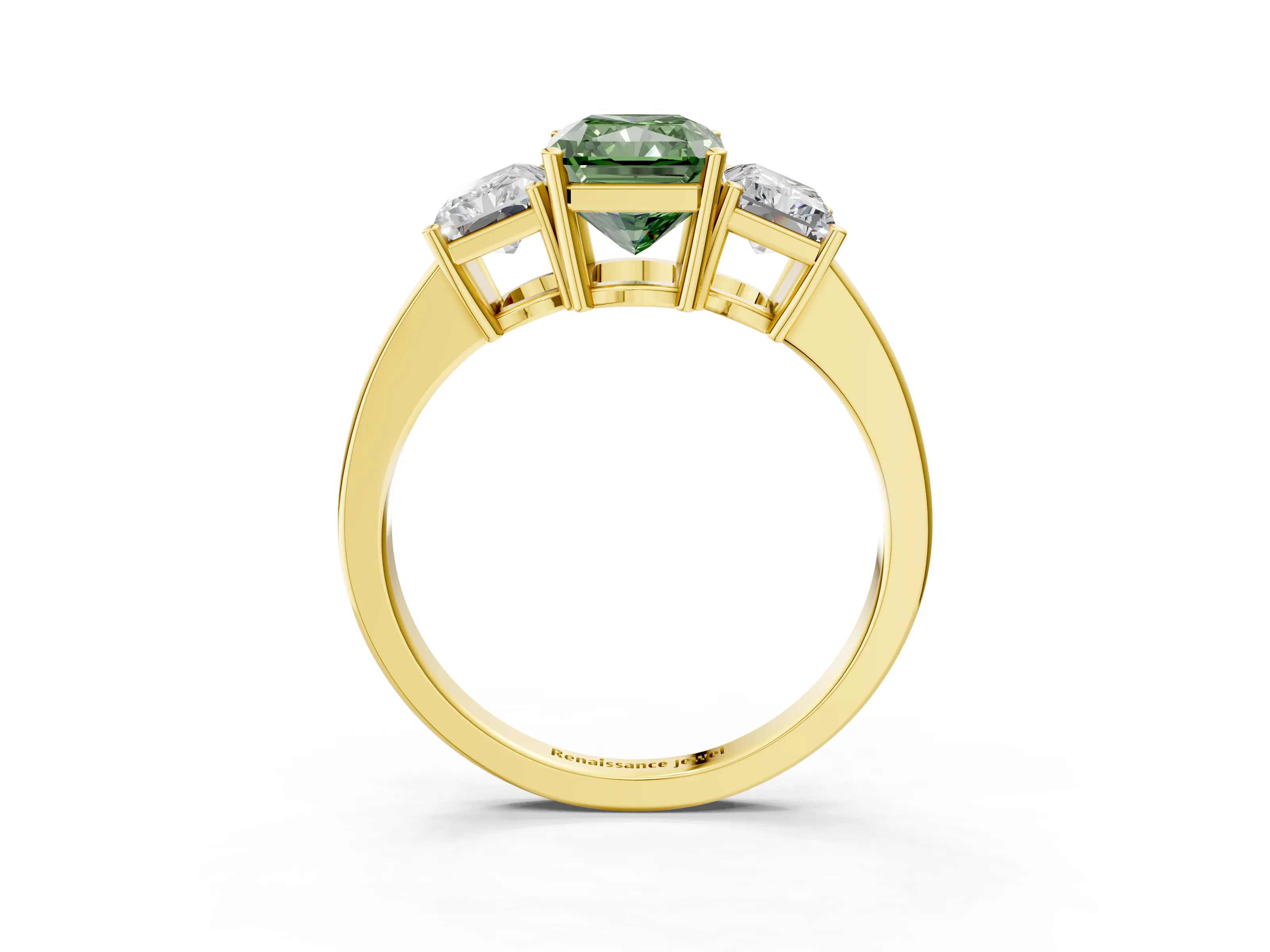 Yellow gold Three-Stone Fancy Green Radiant Cut Cut Diamond Engagement Ring with Flat Band and Four-Prong Setting_3