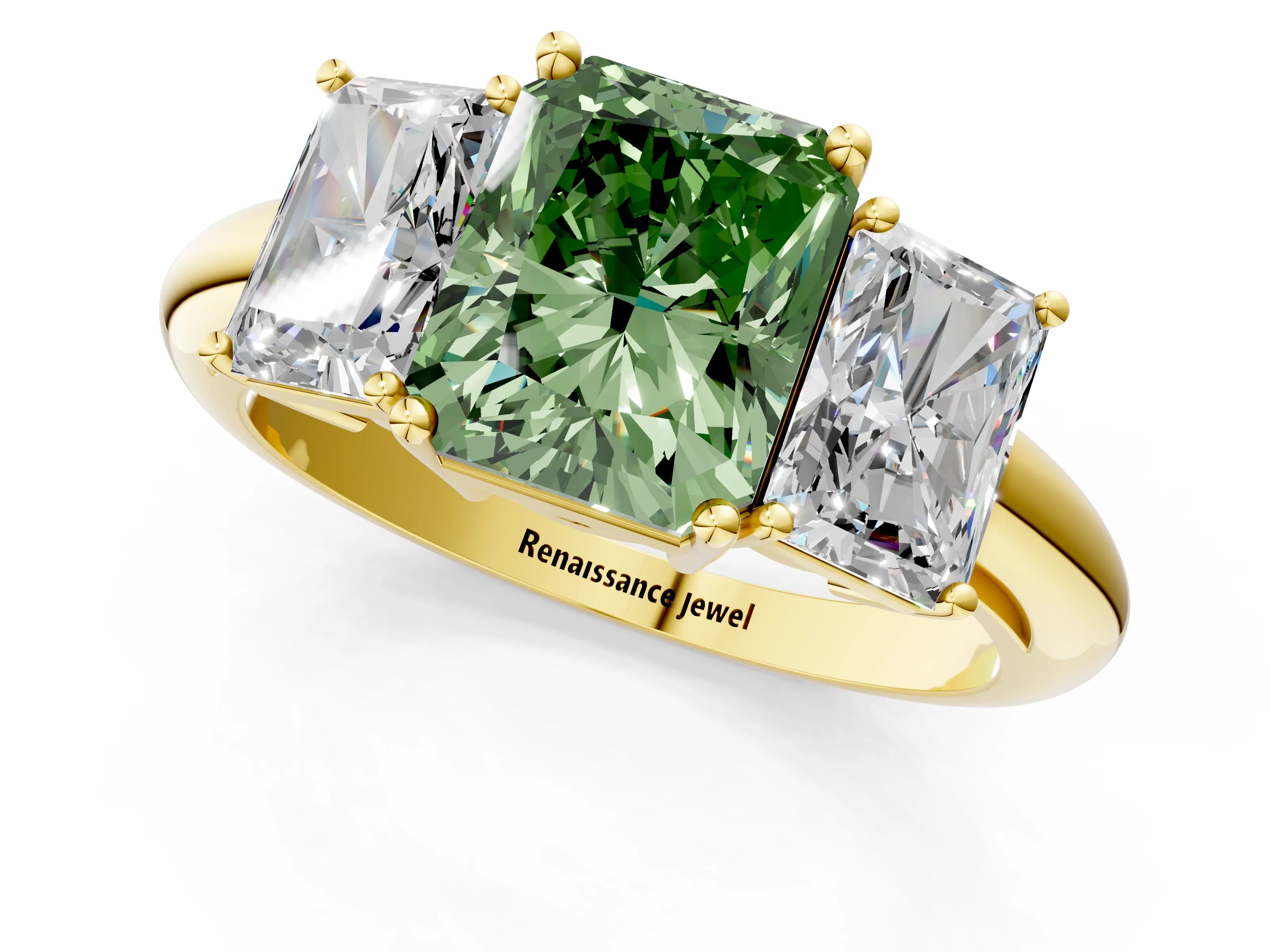 Yellow gold Three-Stone Fancy Green Radiant Cut Cut Diamond Engagement Ring with Prong Setting on a White Gold Band_1