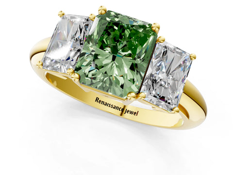 Yellow gold Three-Stone Fancy Green Radiant Cut Cut Diamond Engagement Ring with Prong Setting on a White Gold Band_1