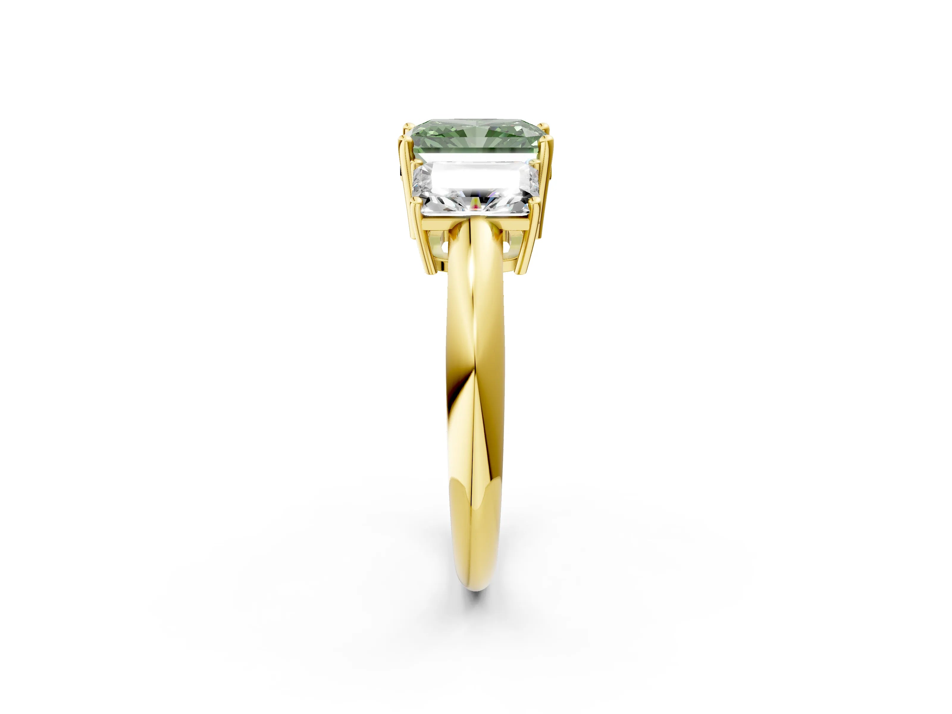 Yellow gold Three-Stone Fancy Green Radiant Cut Cut Diamond Engagement Ring with Prong Setting on a White Gold Band_2
