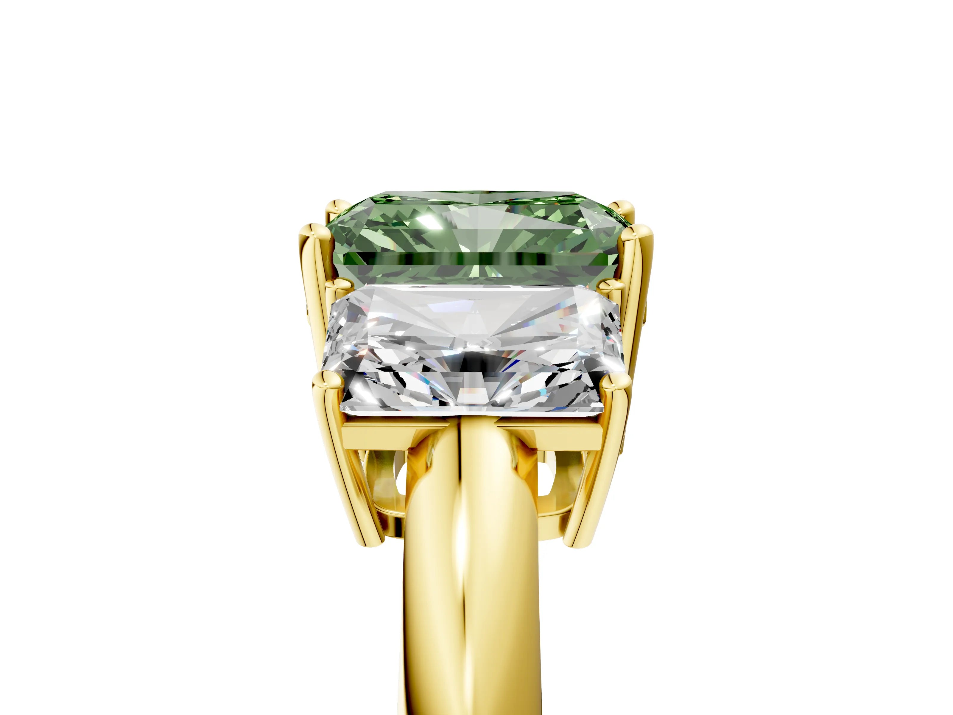 Yellow gold Three-Stone Fancy Green Radiant Cut Cut Diamond Engagement Ring with Prong Setting on a White Gold Band_29