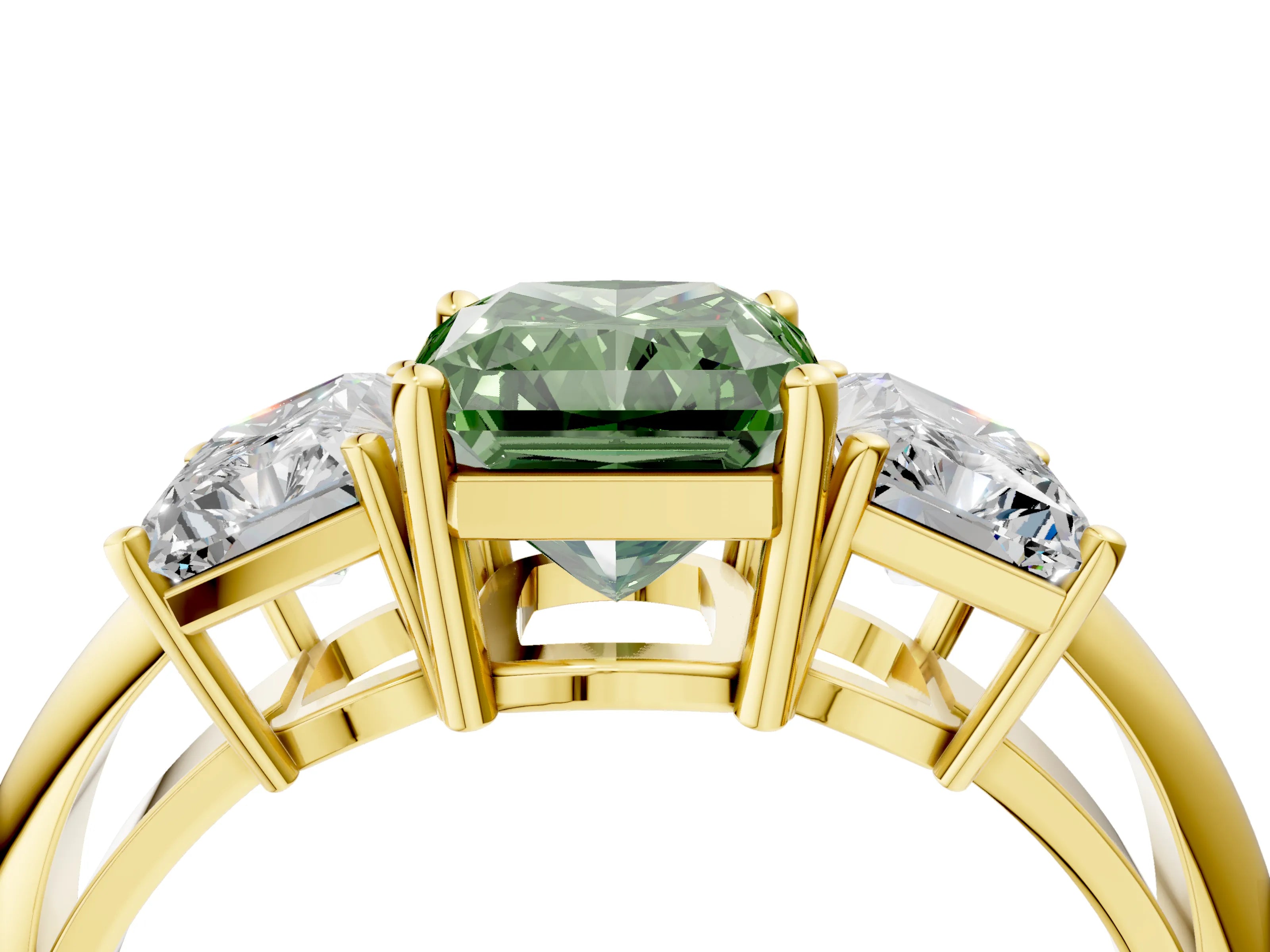 Yellow gold Three-Stone Fancy Green Radiant Cut Cut Diamond Engagement Ring with Prong Setting on a White Gold Band_4