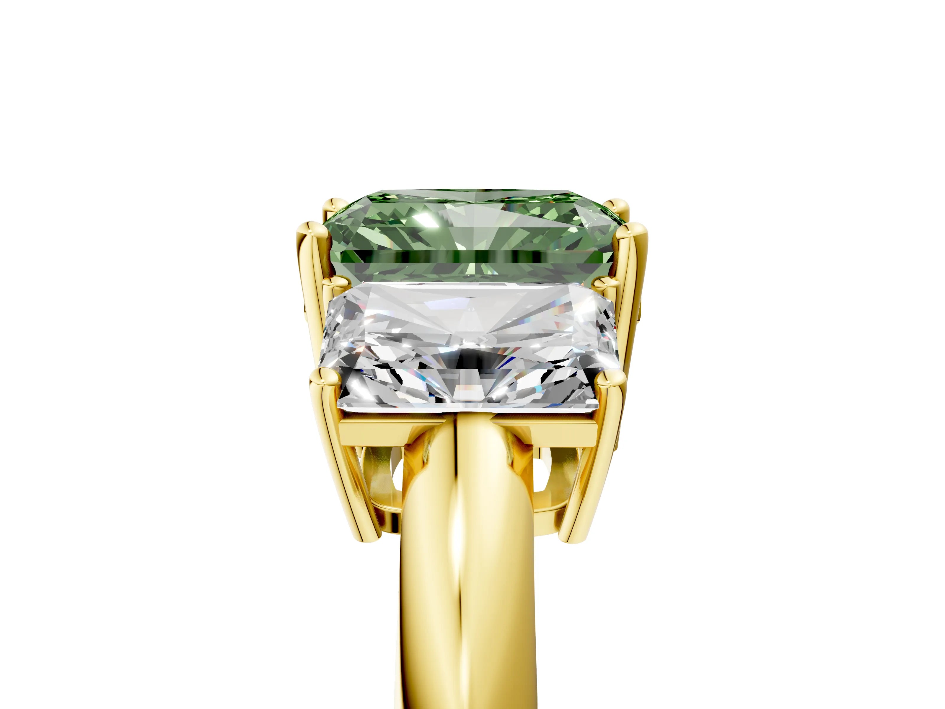 Yellow gold Three-Stone Fancy Green Radiant Cut Cut Diamond Engagement Ring with Prong Setting on a White Gold Band_5