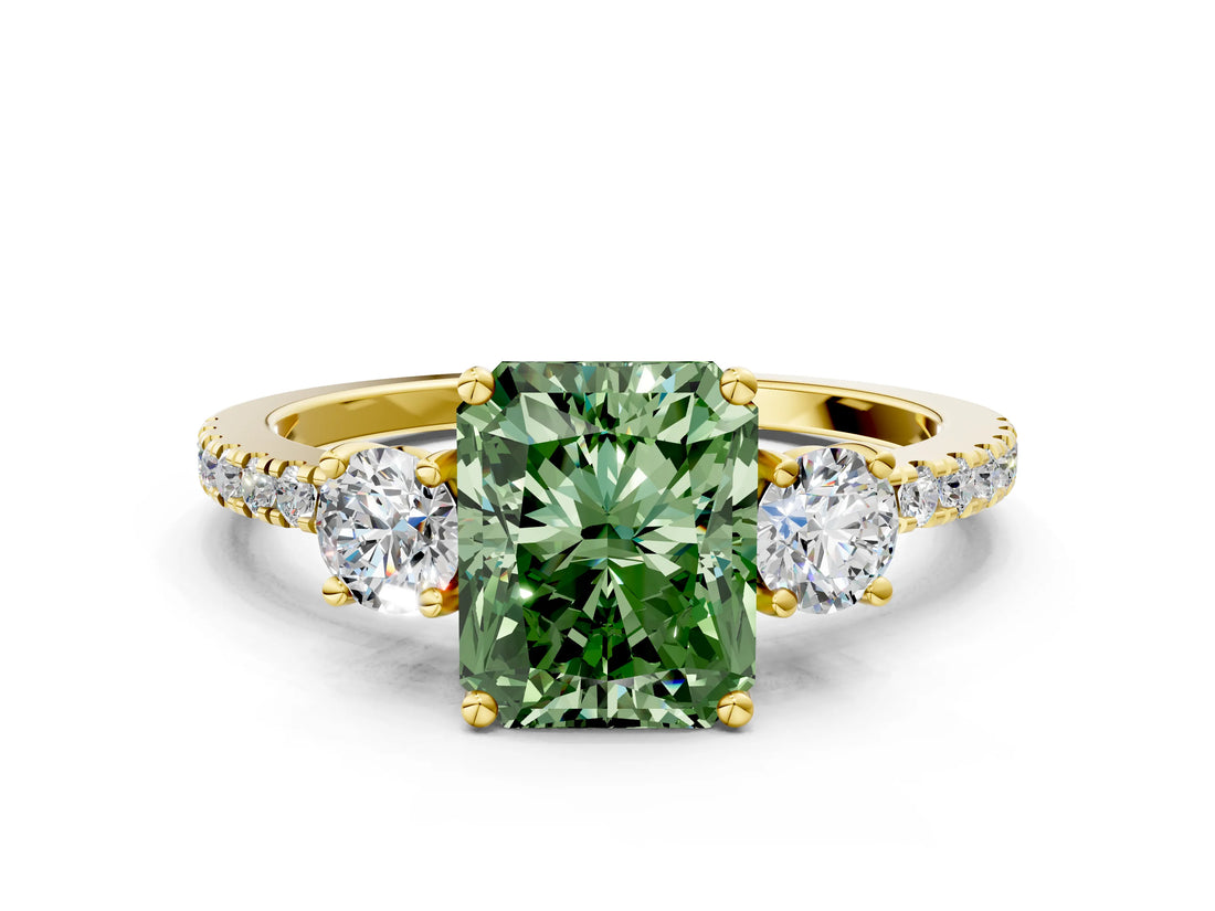 Yellow gold Three-Stone Fancy Green Radiant Cut Cut Diamond Pavé Band with Prong Setting_15