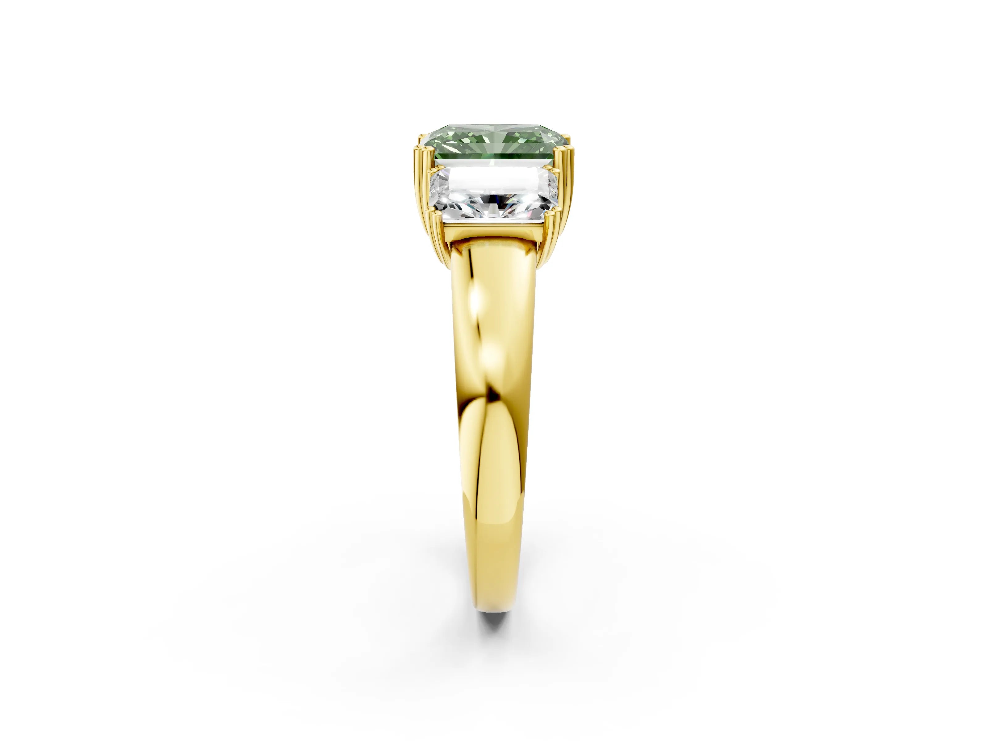 Yellow gold Three-Stone Fancy Green Radiant Cut Cut Diamond Ring with Channel Set Band and Four-Prong Setting_2